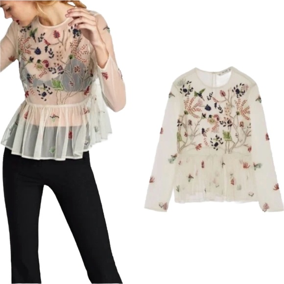 Zara HOLIDAY ✨ Embroidered Sheer Mesh Botanical Peplum Top – Size S ✨🍃✨ - Picture 1 of 9